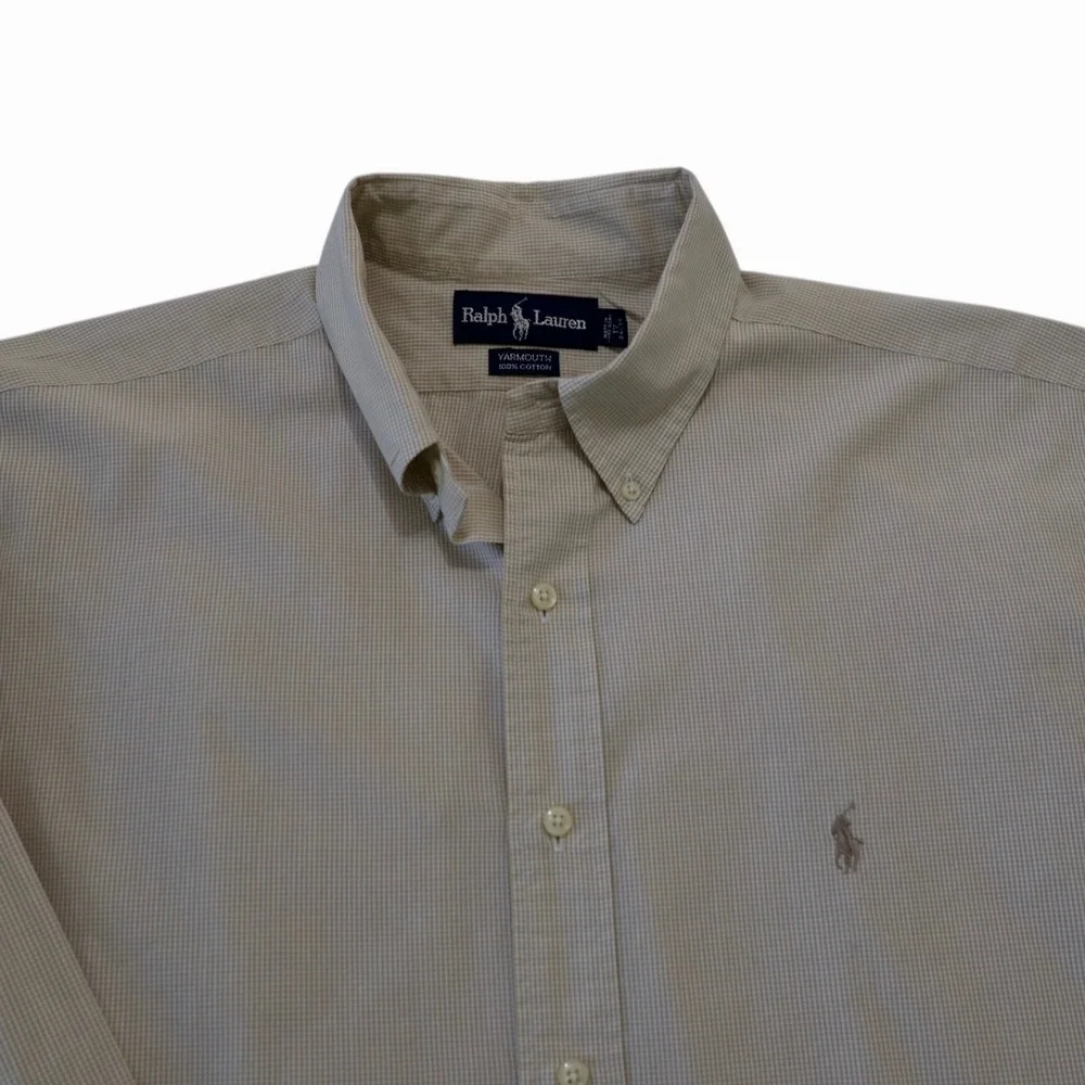 Ralph Lauren Yarmouth Mens Tan Gingham Check Cotton Button Down Shirt 17.5 34/35